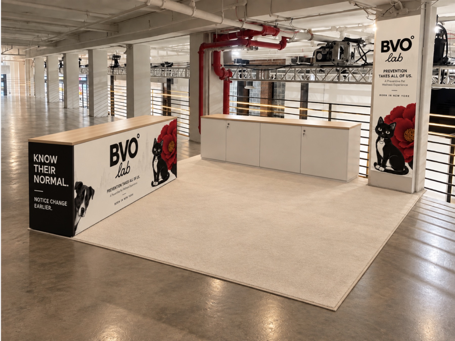 Second rendering of the BVO° Lab booth showing the counter graphic 'Know their normal. Notice change earlier.' and the branded pillar.