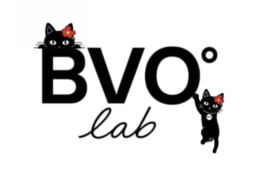 BVO° Lab sticker: the BVO° wordmark with 'lab' in script, and two black cats wearing red camellias.