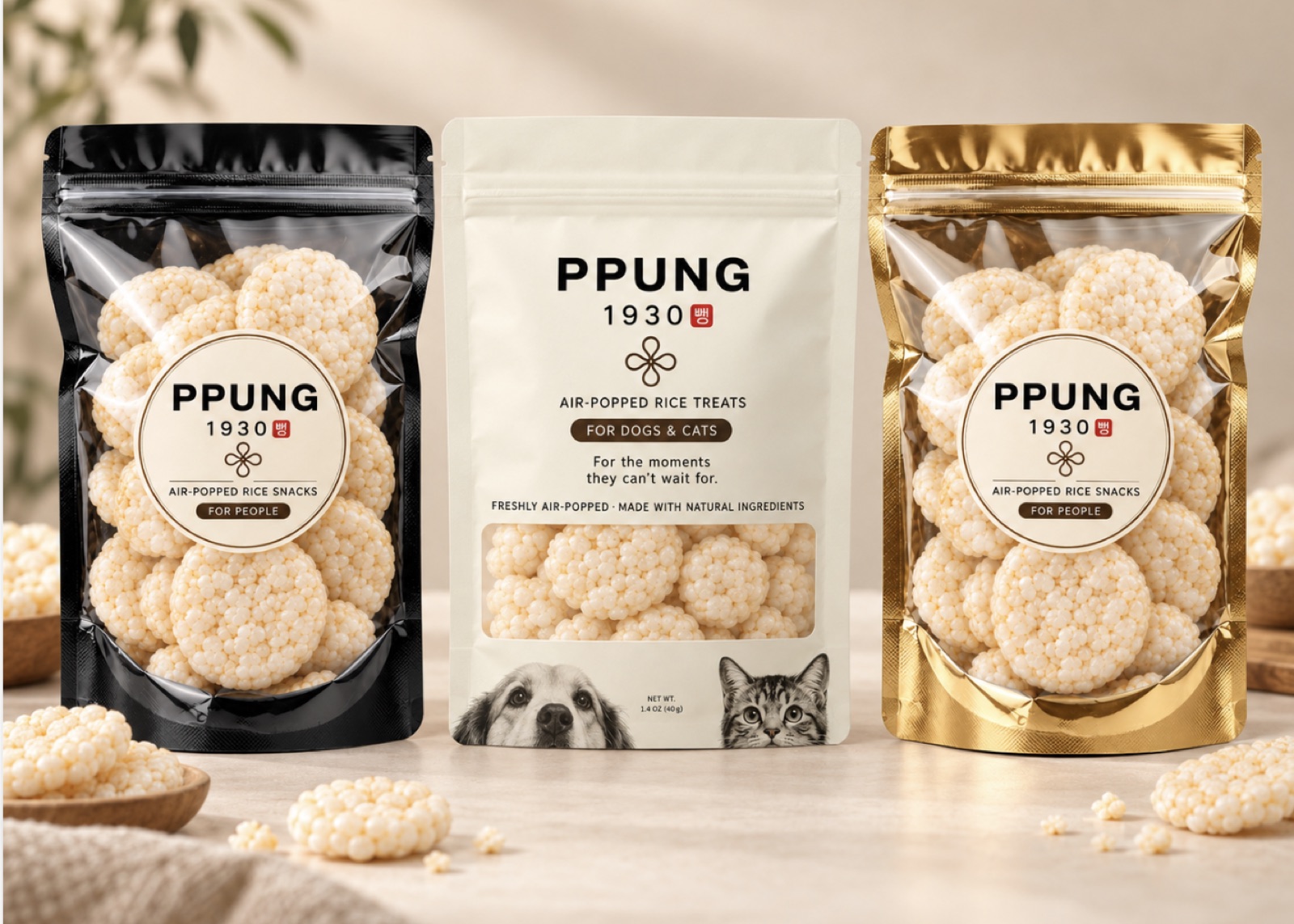 PPUNG 1930 air-popped rice snacks in three pouches: a cream pouch of treats for dogs and cats, and black and gold pouches of snacks for people.